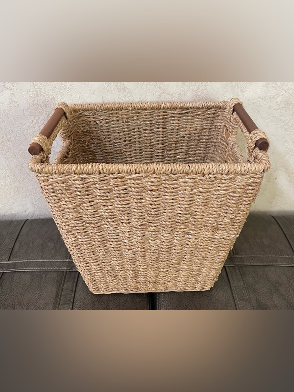 Natural Twisted Seagrass Woven Storage Basket w/Wooden Handles - Neutral Tan